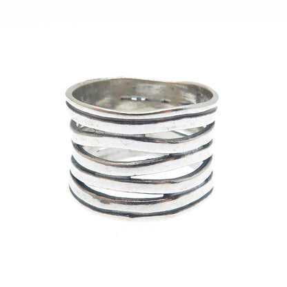 925 Sterling Silver Vintage Modernist 5-Wavy Row Oxidized Ring Size 7.25