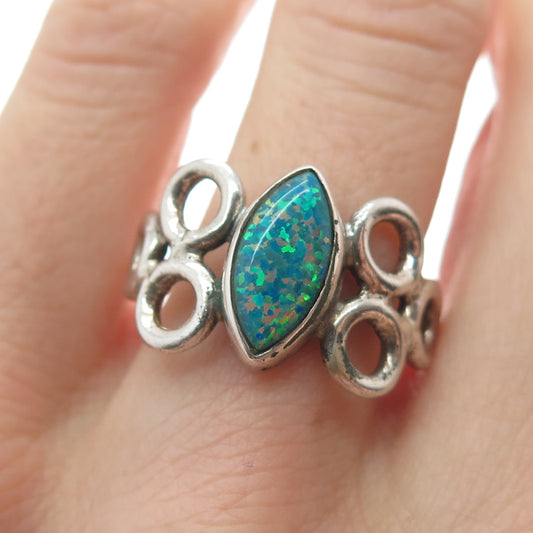 925 Sterling Silver Vintage Marquise-Cut Blue Opal Gemstone Circles Ring Size 8