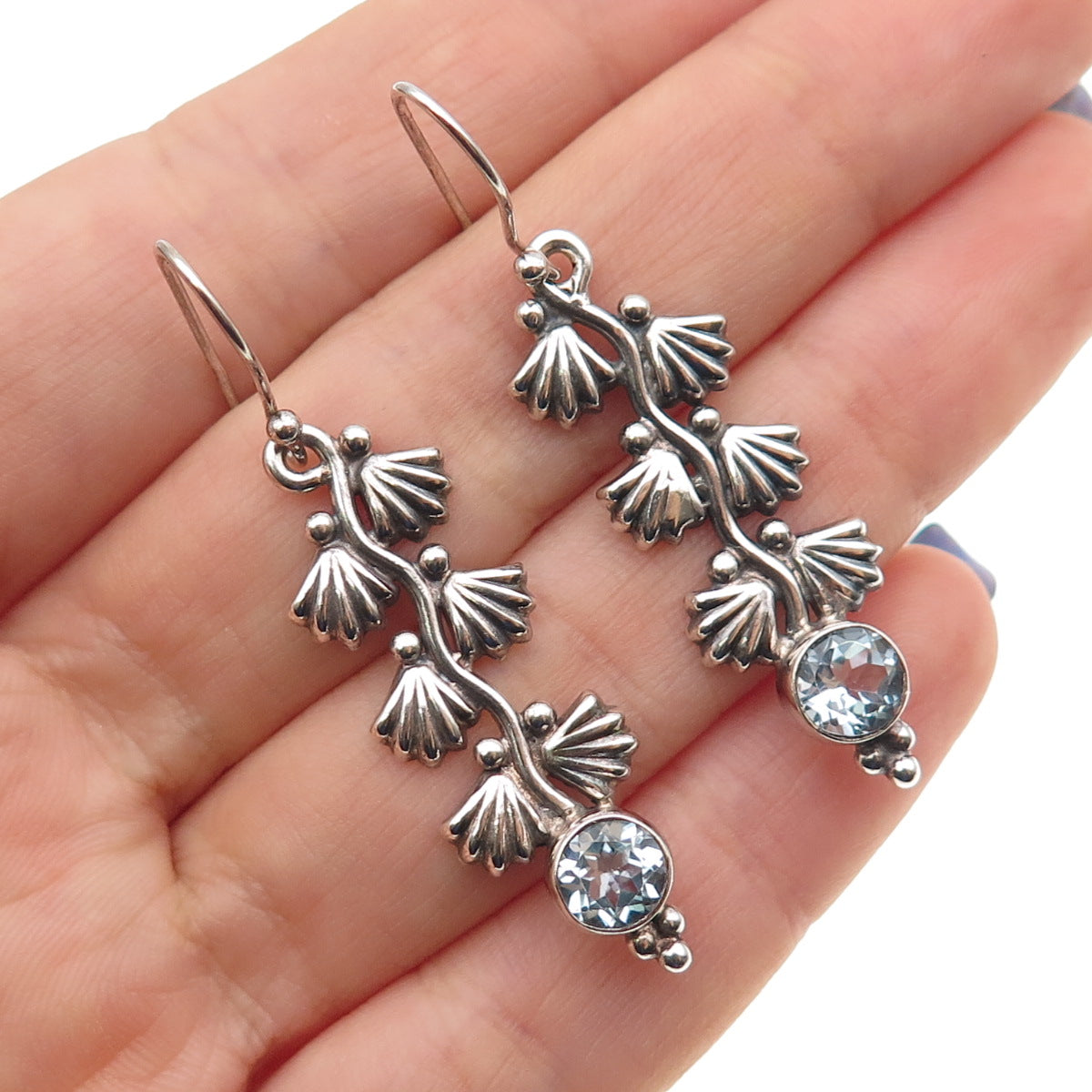 925 Sterling Silver Vintage Real Blue Topaz Floral Oxidized Dangle Earrings