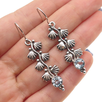 925 Sterling Silver Vintage Real Blue Topaz Floral Oxidized Dangle Earrings