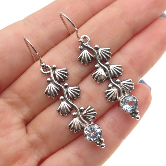 925 Sterling Silver Vintage Real Blue Topaz Floral Oxidized Dangle Earrings