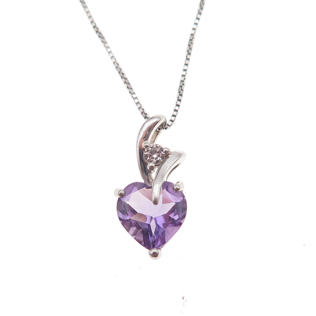 925 Sterling Silver Real Amethyst & White Topaz Heart Box Chain Necklace 18"