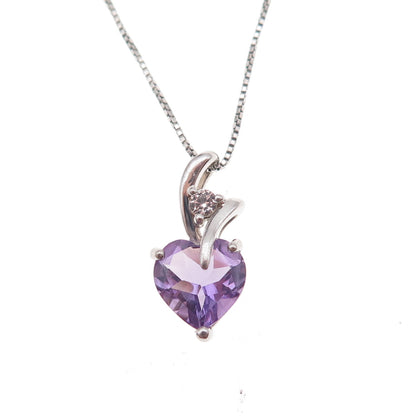 925 Sterling Silver Real Amethyst & White Topaz Heart Box Chain Necklace 18"