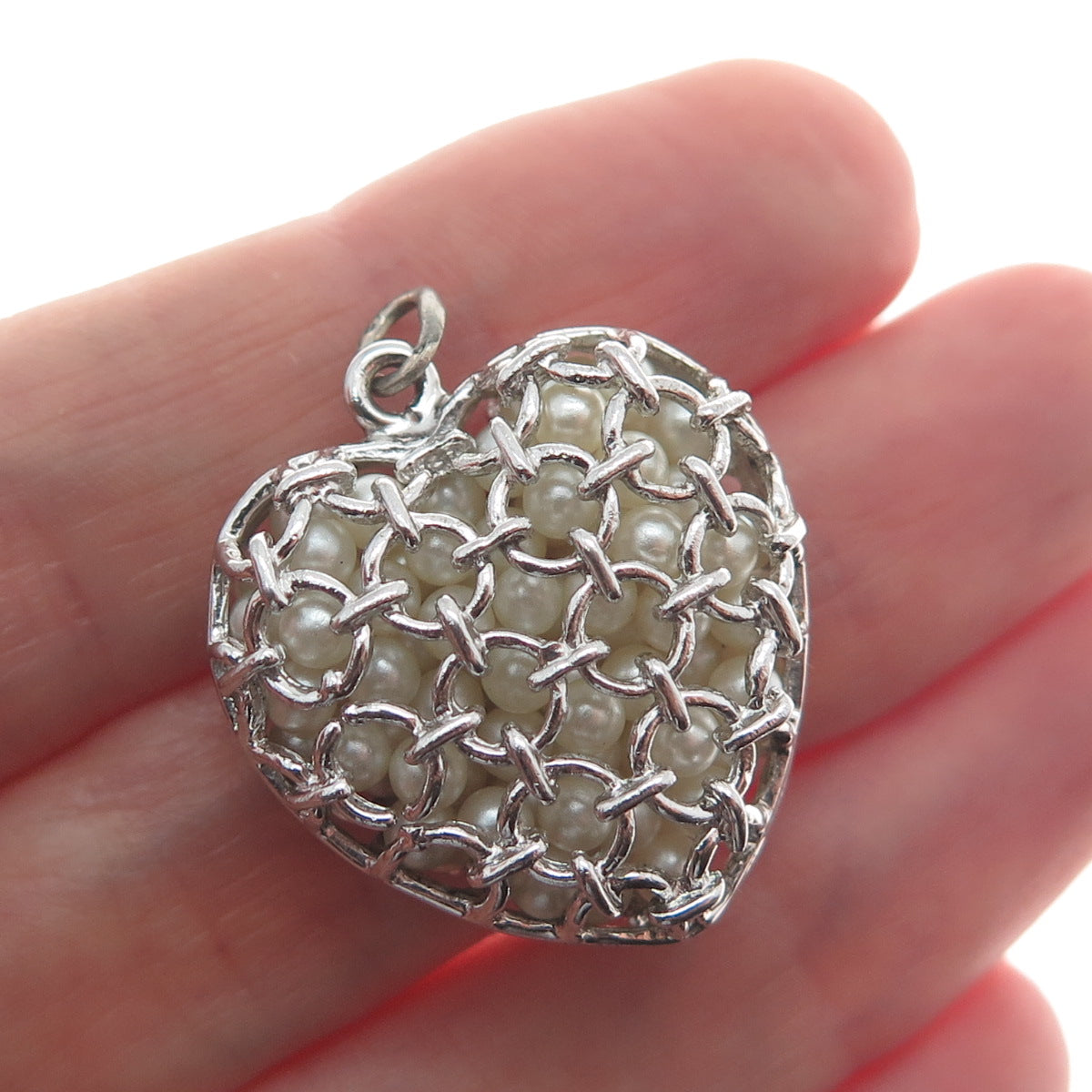 925 Sterling Silver Antique Art Deco Faux Pearl Heart Minimalist Charm Pendant