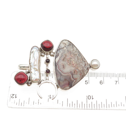 Som’s Sterling Vintage Real Agate Pearl Rhodonite Modernist Pin Brooch / Pendant