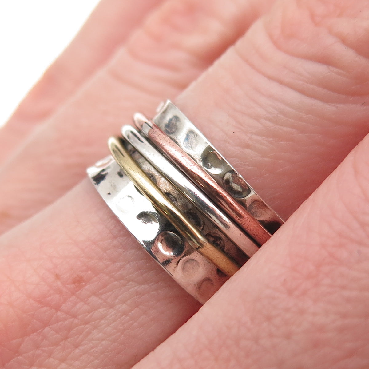 925 Sterling Silver 3-Tone Vintage Modernist Hammered Rotating Ring Size 7