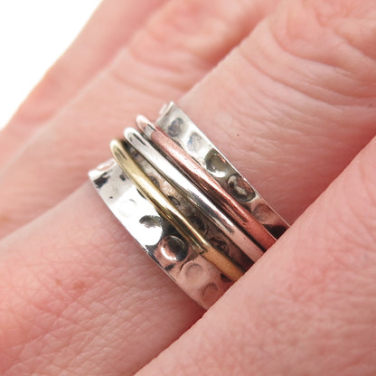 925 Sterling Silver 3-Tone Vintage Modernist Hammered Rotating Ring Size 7