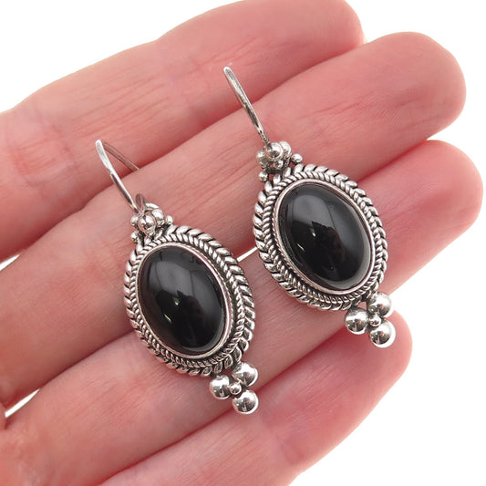 Suarti Bali 925 Sterling Silver Vintage Real Black Onyx Beaded Dangle Earrings
