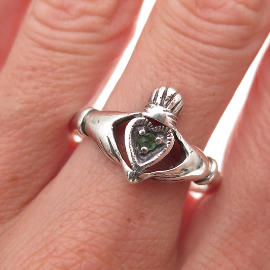 Nevada 925 Sterling Silver Vintage Real Emerald Irish Claddagh Ring Size 11.25
