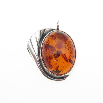 925 Sterling Silver Vintage Real Amber Modernist Floral Oxidized Charm Pendant