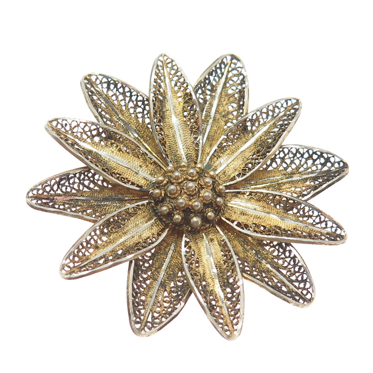 800 Silver Gold Plated Vintage Flower Filigree Pin Brooch