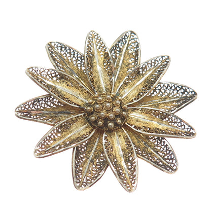 800 Silver Gold Plated Vintage Flower Filigree Pin Brooch