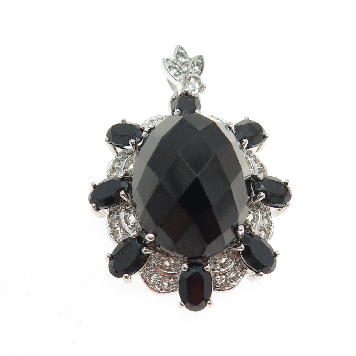 925 Sterling Silver Real Oval-Cut Black Spinel & White Topaz Pendant