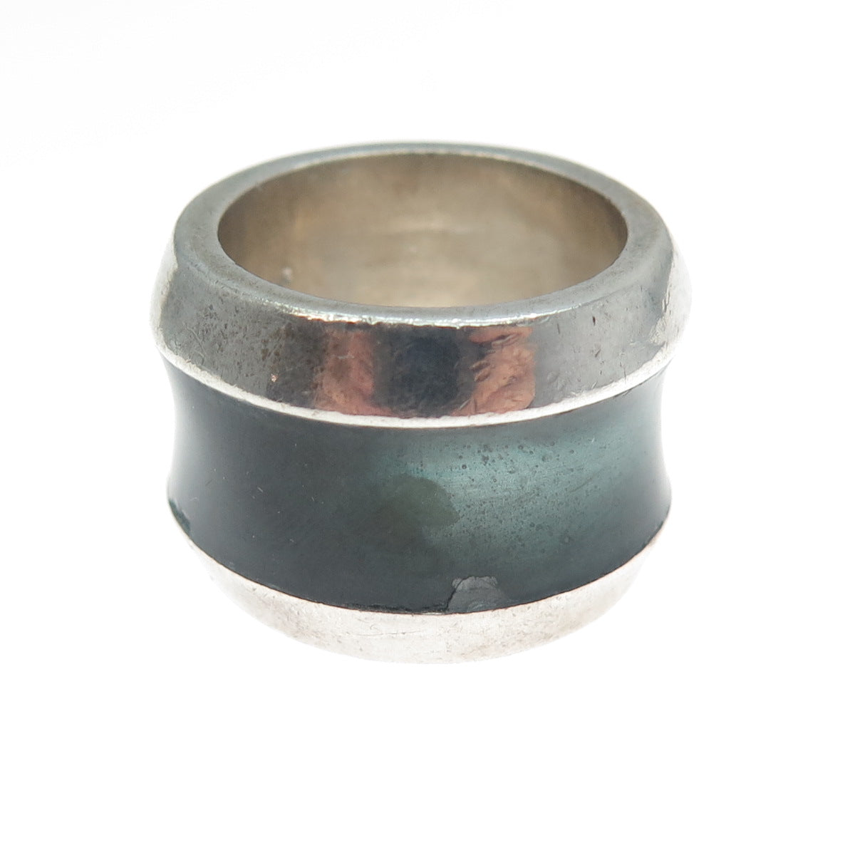 925 Sterling Silver Vintage Enamel Modernist Oxidized Ring Size 7.75