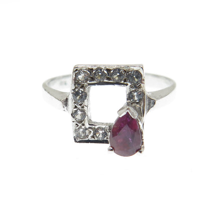 925 Sterling Silver Vintage Real White Topaz & Ruby Gemstone Ring Size 6.25