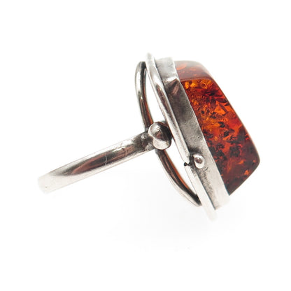 925 Sterling Silver Vintage JM Poland Real Amber Modernist Ring Size 7