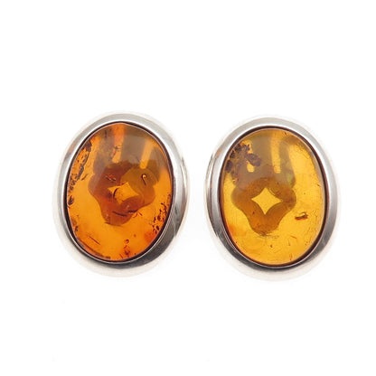 925 Sterling Silver Vintage Poland Real Amber Oval Clip On Earrings