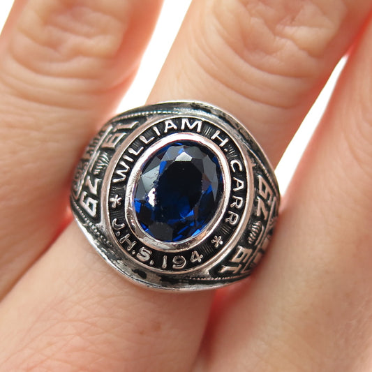 REED Sterling Vintage 1979 Lab-Created Sapphire W.H. Carr School Ring Size 9.25