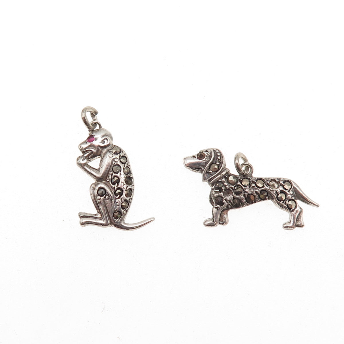 Sterling Antique Ruby Marcasite Dog Monkey SET of 2 Pendants (missing 4 stones)