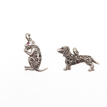 Sterling Antique Ruby Marcasite Dog Monkey SET of 2 Pendants (missing 4 stones)