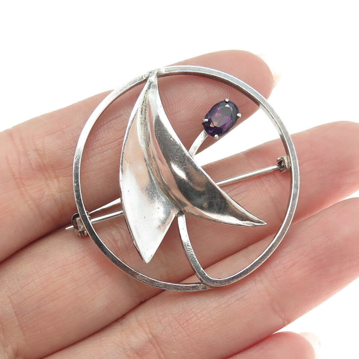 925 Sterling Silver Vintage Real Tourmaline Gemstone Modernist Pin Brooch