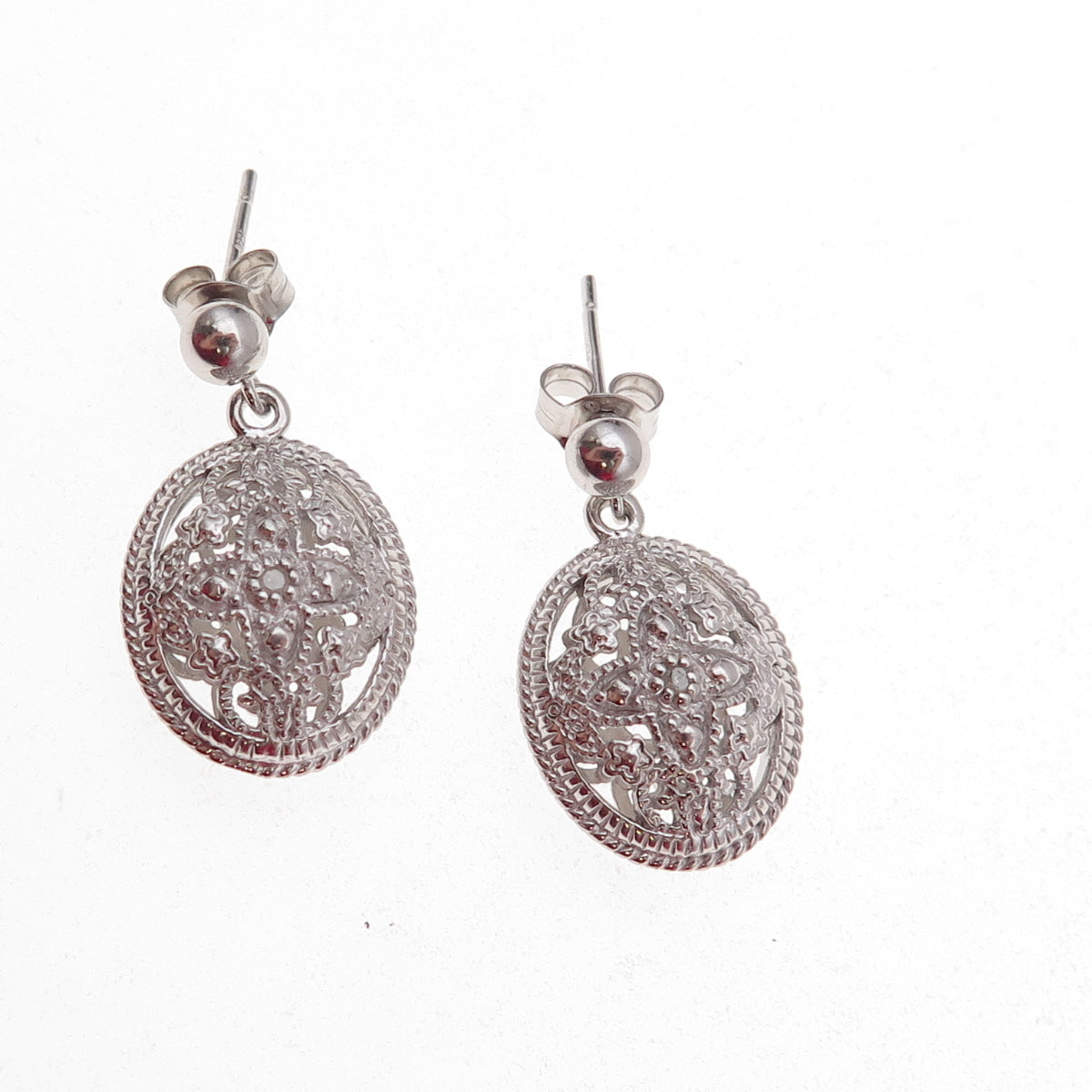 Han 925 Sterling Silver Real Round-Cut Diamond Floral Dangle Earrings