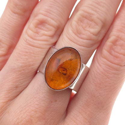 925 Sterling Silver Vintage Real Amber Modernist Oxidized Ring Size 8.25