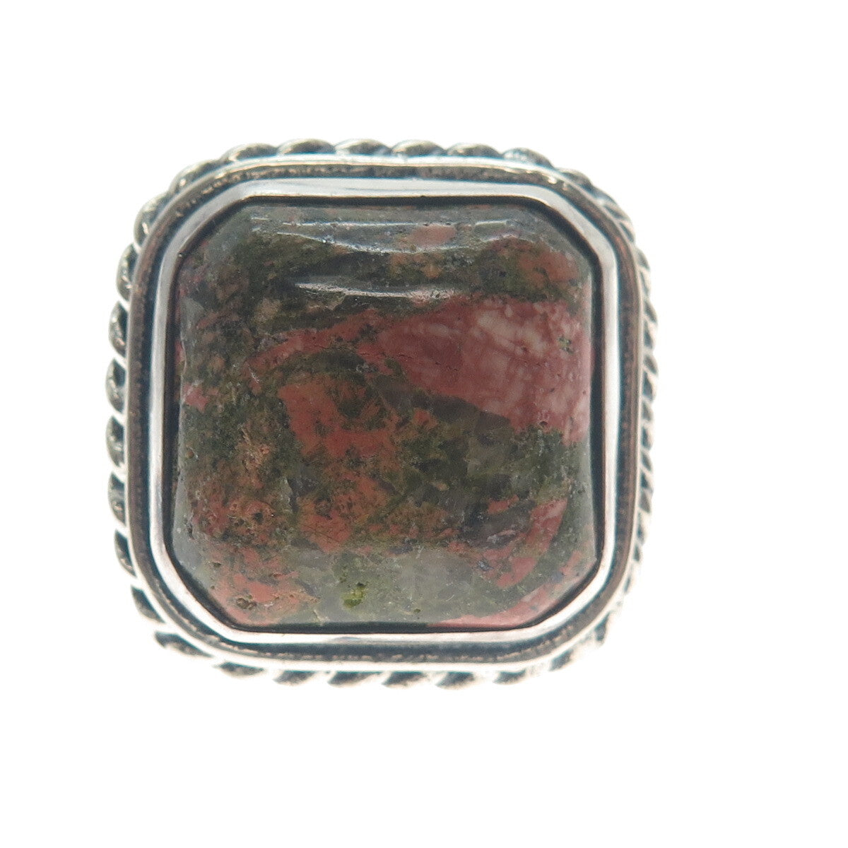 925 Sterling Silver Vintage Real Cushion-Cut Unakite Roped Bezel Ring Size 8.25
