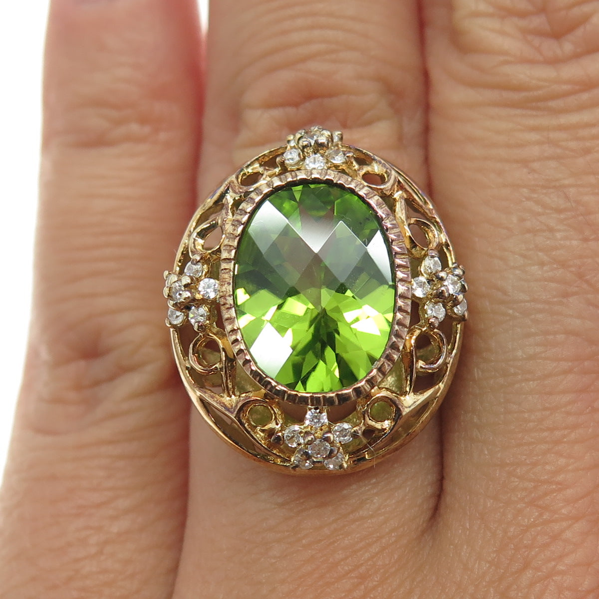 925 Sterling Silver Gold Plated Real Oval-Cut Peridot C Z Floral Ring Size 6.25