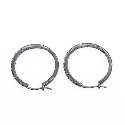 925 Sterling Silver Black Rhodium Round-Cut C Z Hoop Earrings