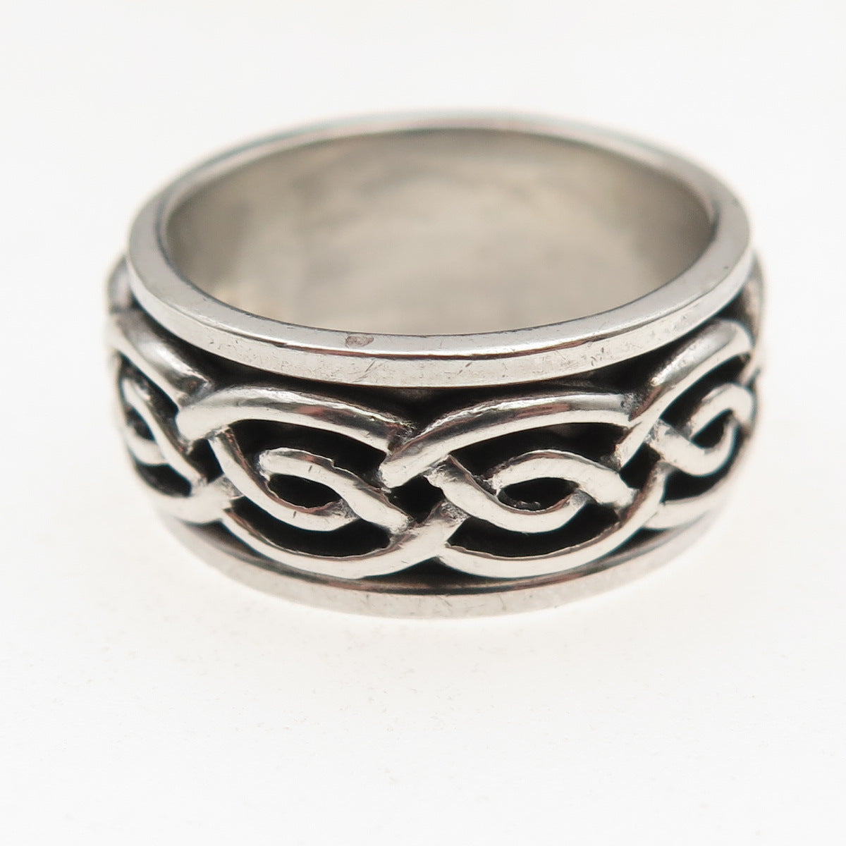 925 Sterling Silver Vintage Celtic Woven Oxidized Rotating Band Ring Size 7.25