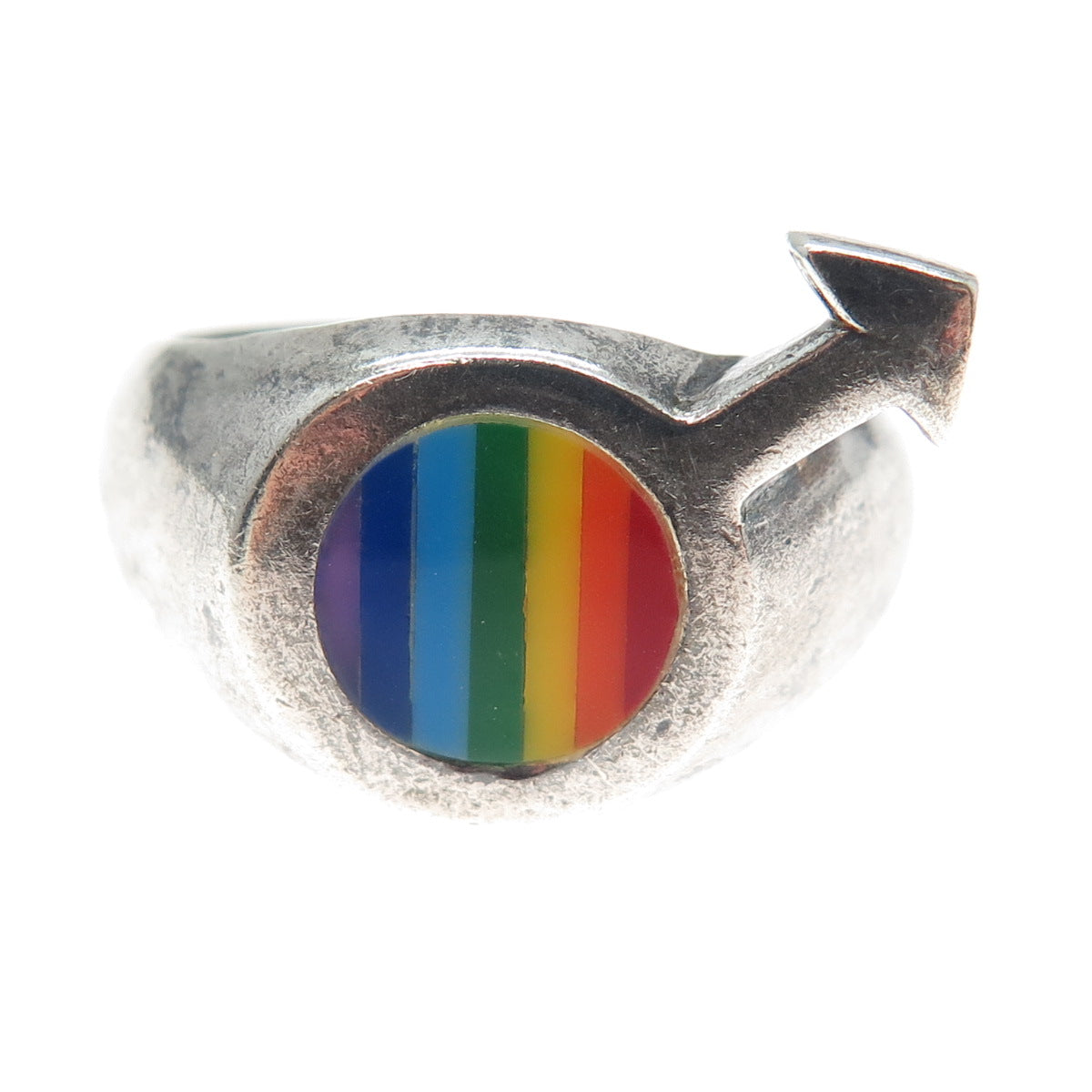 925 Sterling Silver Vintage Enamel Male Symbol Rainbow Ring Size 12.25