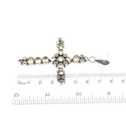 925 Sterling Silver Vintage Real Multi-Cut Citrine Cluster Cross Pendant