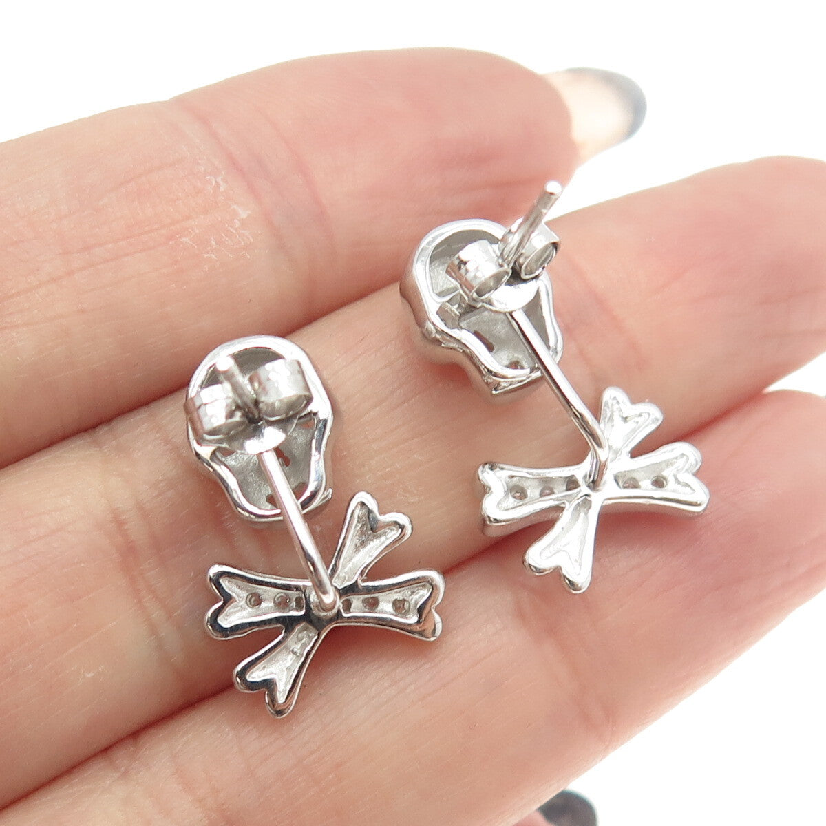 925 Sterling Silver Round-Cut C Z Stud Skull & Jacket Bones Charm Earrings