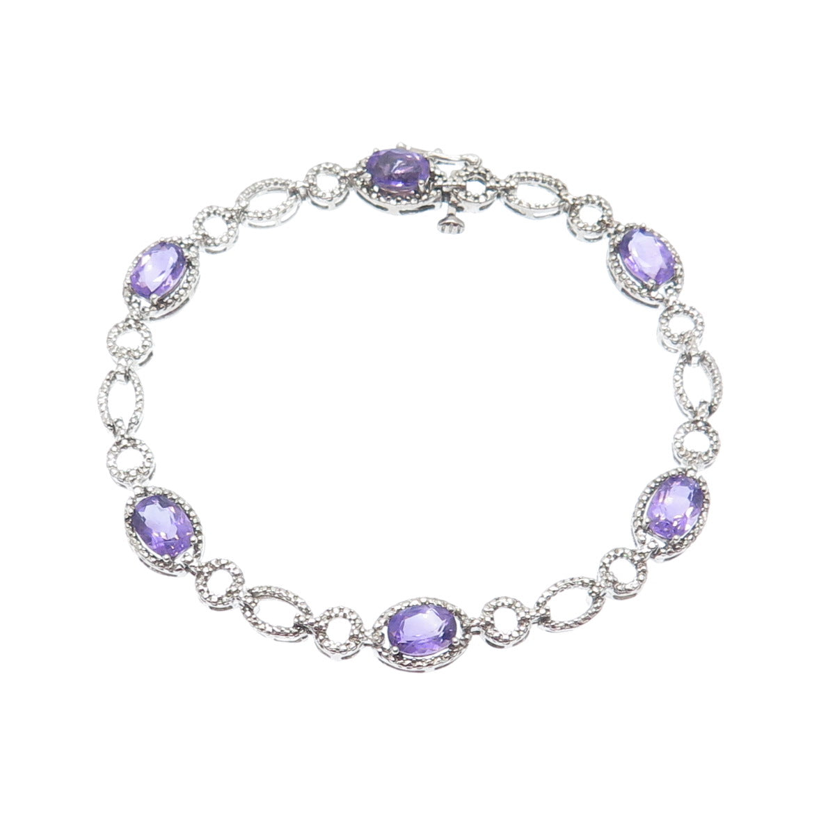 925 Sterling Silver Real Diamond Accent & Amethyst Gem Rolo Link Bracelet 7.25"