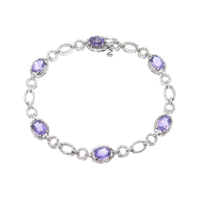925 Sterling Silver Real Diamond Accent & Amethyst Gem Rolo Link Bracelet 7.25"