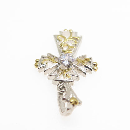 925 Sterling Silver 2-Tone Princess-Cut Lavender C Z Cross Minimalist Pendant