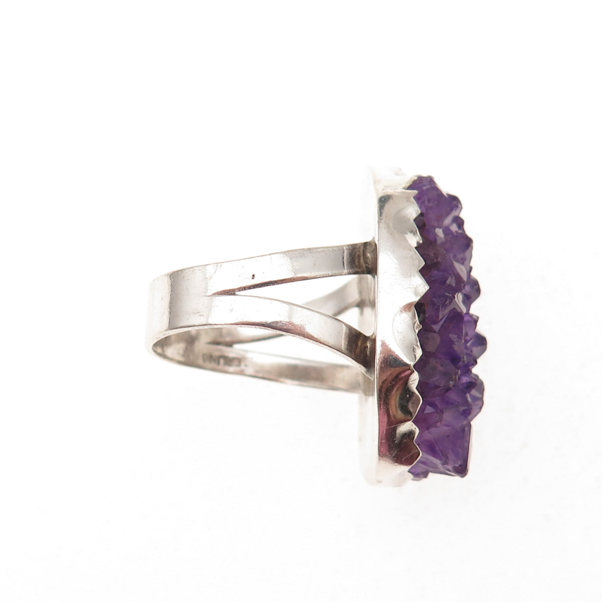 925 Sterling Silver Vintage Real Amethyst Modernist Oxidized Ring Size 8.5