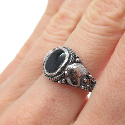 925 Sterling Silver Vintage Real Black Onyx Crescent Oxidized Ring Size 8.75