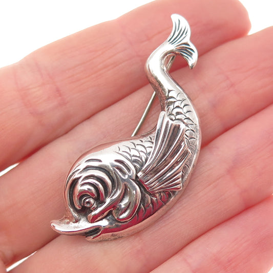 BEAU 925 Sterling Silver Vintage Koi Fish Repousse Oxidized Pin Brooch