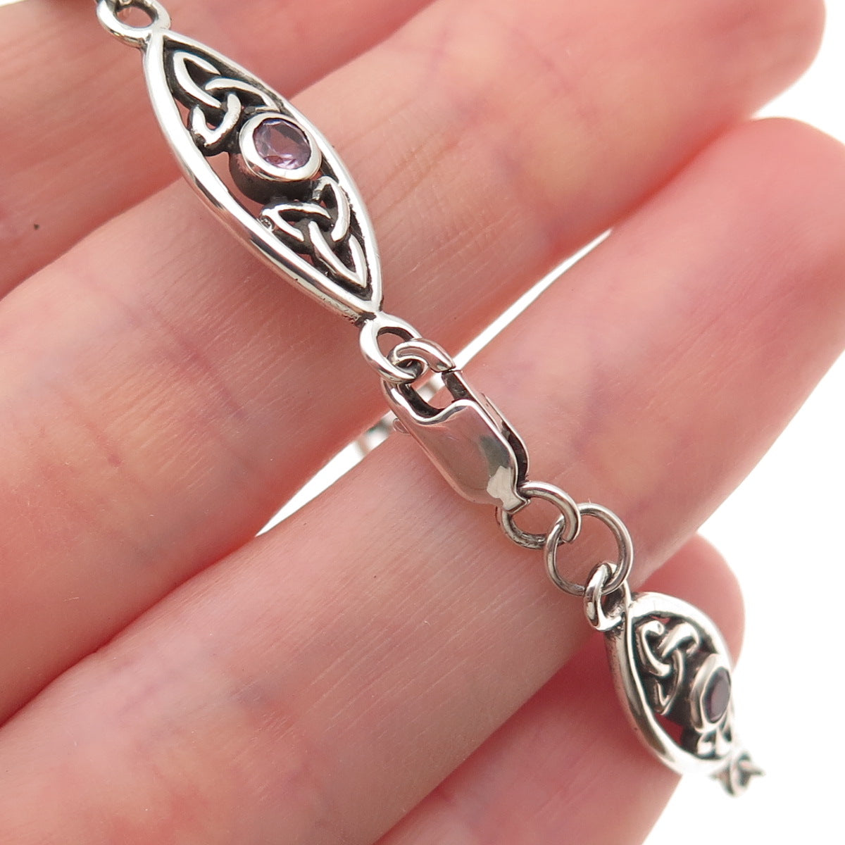 Peter Stone Sterling Silver Vintage Real Amethyst Celtic Trinity Bracelet 6.25"