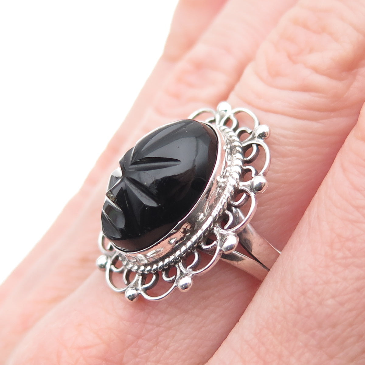 925 Sterling Silver Vintage Mexico Real Black Onyx Aztec God Ring Size 7.5
