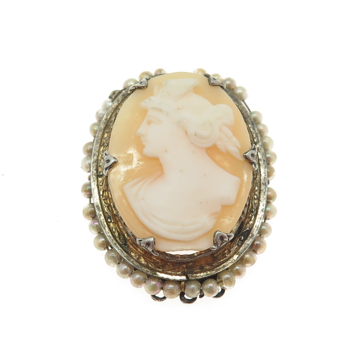 800 Silver Antique Faux Pearl Cameo Victorian Lady Centrepiece Pendant