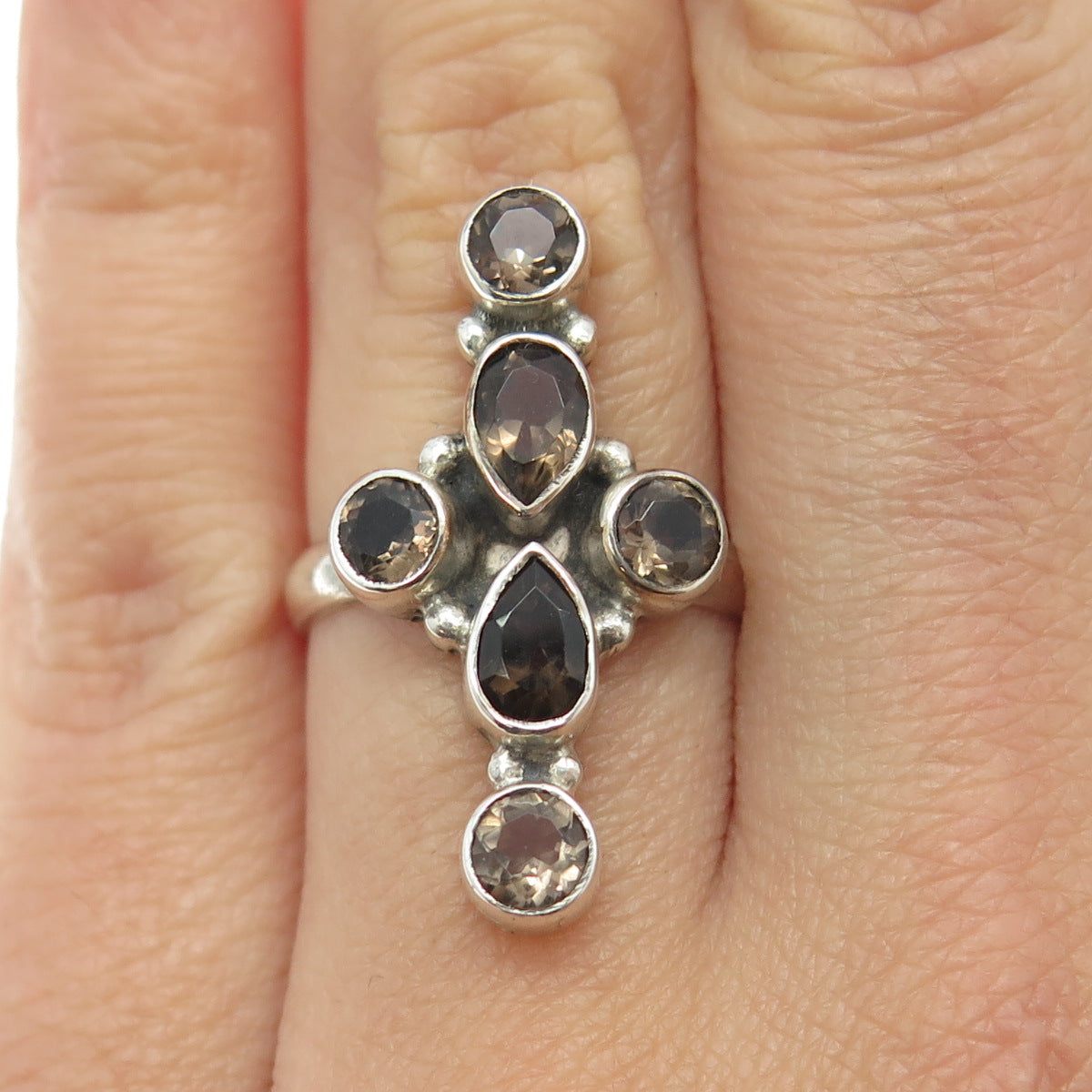 925 Sterling Silver Vintage Real Smoky Quartz Cross Ring Size 7