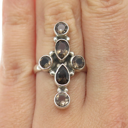 925 Sterling Silver Vintage Real Smoky Quartz Cross Ring Size 7