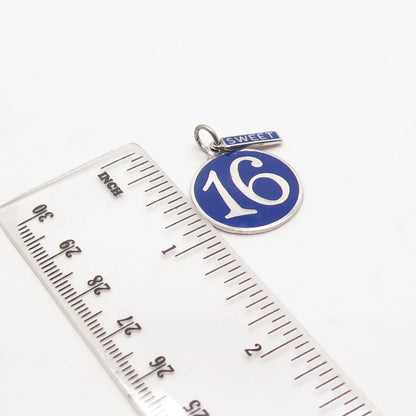 925 Sterling Silver Vintage Old Stock Blue Enamel "Sweet 16" Round Pendant