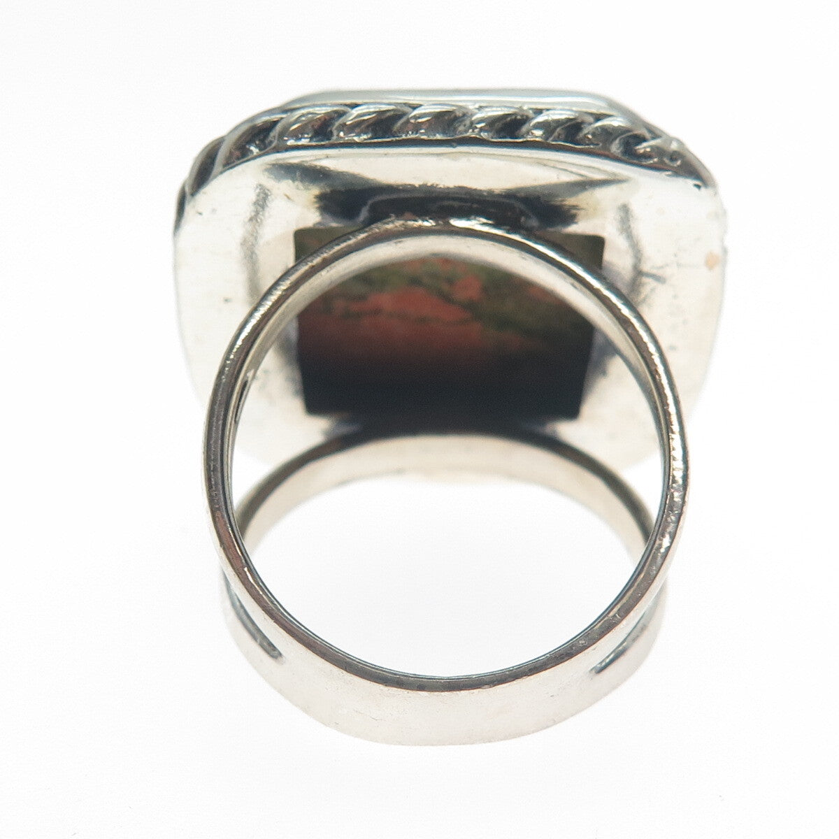 925 Sterling Silver Vintage Real Cushion-Cut Unakite Roped Ring Size 8.25