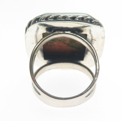 925 Sterling Silver Vintage Real Cushion-Cut Unakite Roped Ring Size 8.25