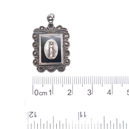925 Sterling Silver Antique Onyx & Marcasite St. Mary Pendant (missing 4 stones)