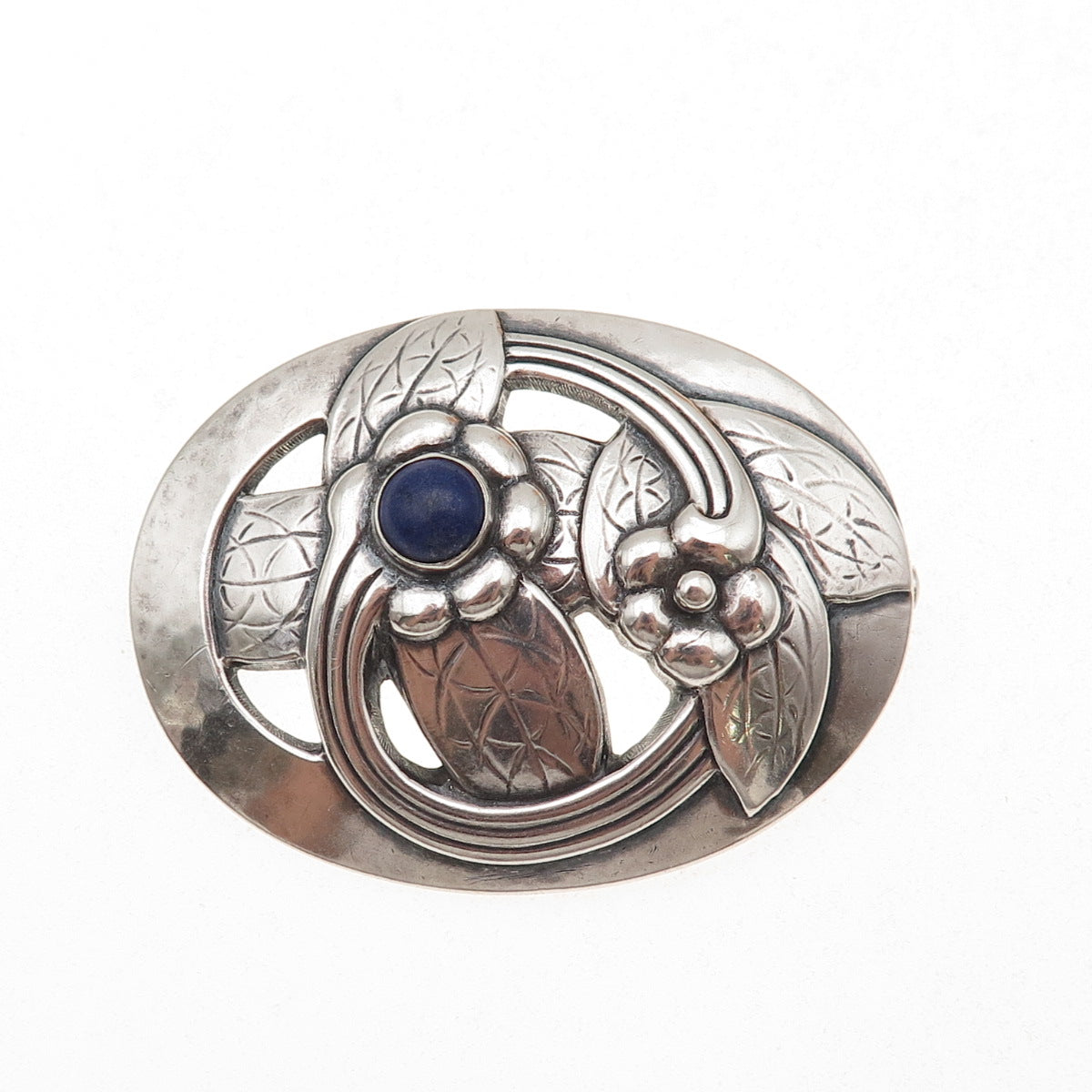Georg Jensen Sterling Silver Antique Denmark Real Lapis Floral Pin Brooch #13